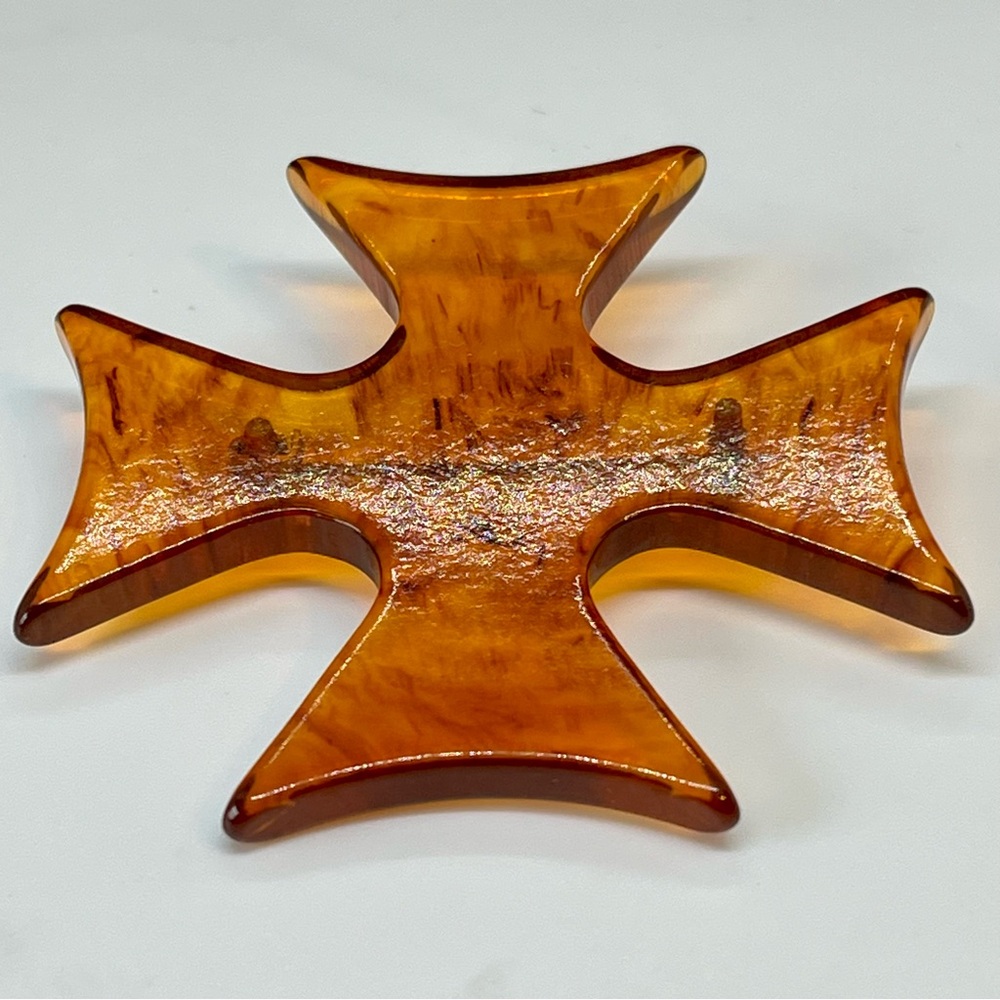 VTG Large Bakelite Maltese Cross Brooch Pin Marbled Amber Color 2.75" W 1940s